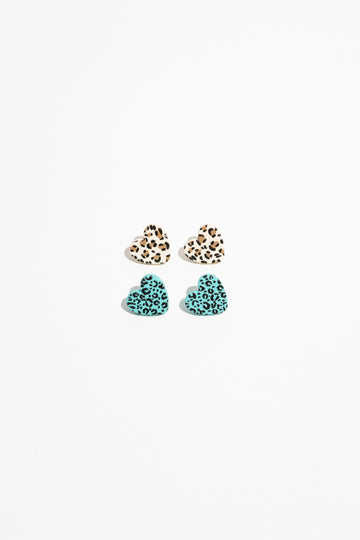 Earrings | Heart Stud Set | Turquoise Leopard